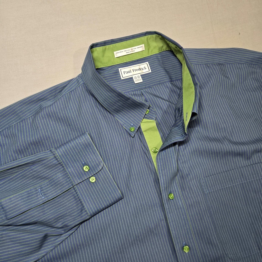 Paul Fredrick Button Down Long Sleeve Shirt 20-35 Blue Green Striped Classic Fit